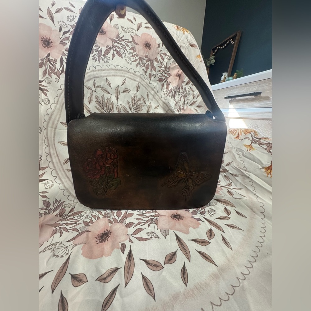 Hand-Tooled Brown Leather Shoulder Bag with Floral & Butterfly Motifs